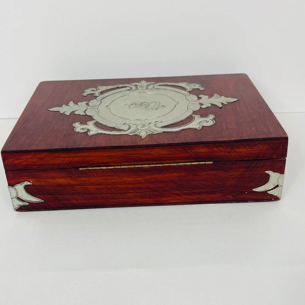 Vintage Wood Tea Storage Box Chest Brown Silver Embossed Metal Overlay Divided